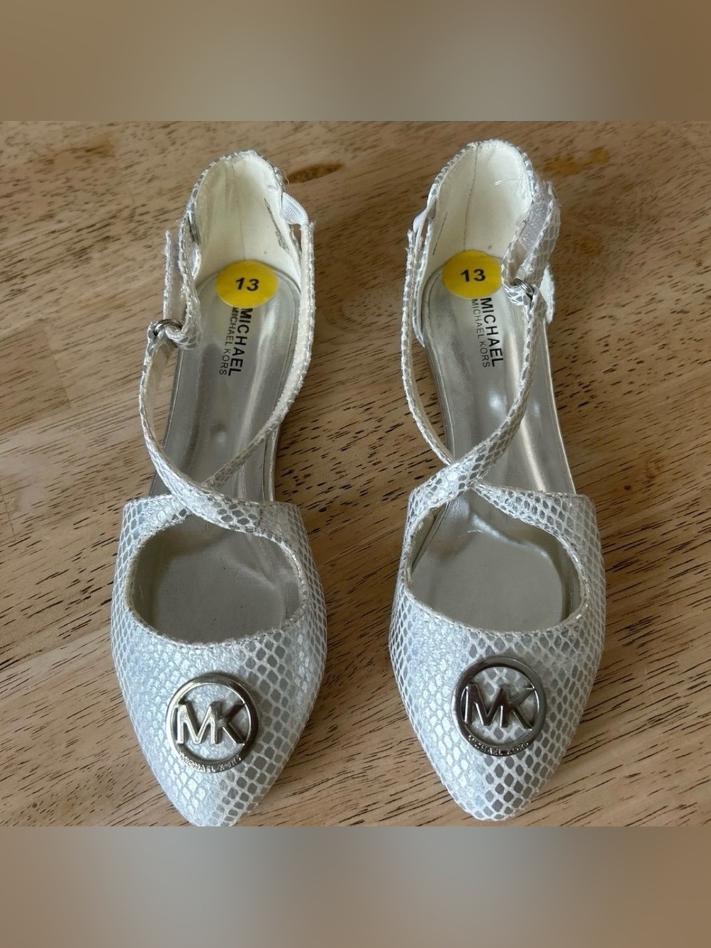 Michael Kors White Snakeskin-Print Pointed Toe Flats with Silver MK Medallion